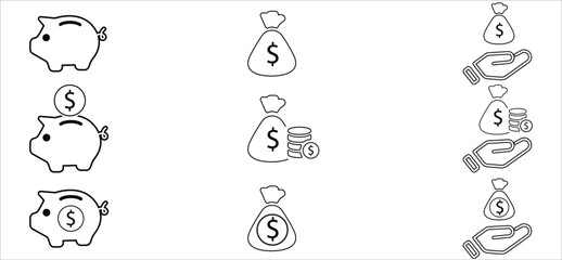 Money income line icon set. Pension fund, profit growth, piggy bank, finance capital minimal vector illustration. Simple outline signs for investment application.