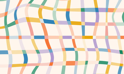 Colorful abstract background in doodle style. Distorted striped geometric pattern. Retro 60s-70s groovy design. Curve crossed lines grid. Wavy plaid backdrop in childish cartoon style.