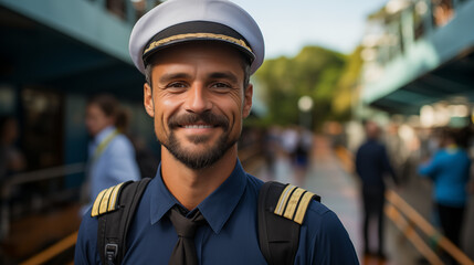 Portrait of a friendly ship captain, smiling, wearing a sailor cap on a sunny day.