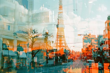 Urban Blend: Tokyo Street and Tower Double Exposure - obrazy, fototapety, plakaty