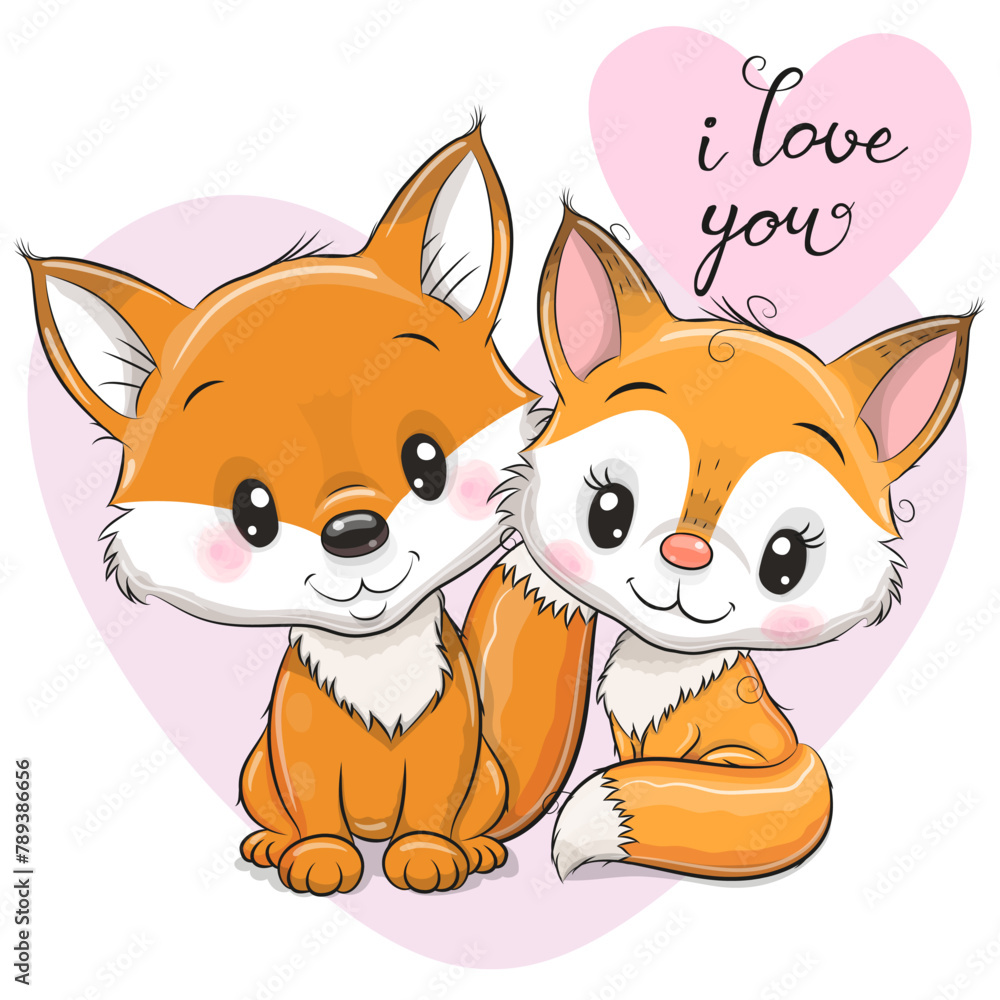 Sticker Cute Cartoon Foxes on a background of heart