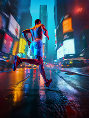 Muscular young man, athlete in motion, running along empty urban city street with neon lights,...