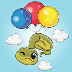 Cartoon snake flies on balloons