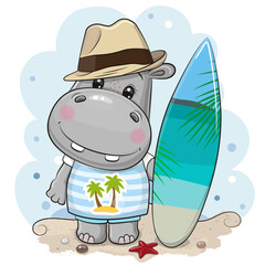 Cartoon Hippo boy with a surfboard on the beach