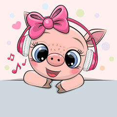 Cartoon Pig girl with bow and headphones