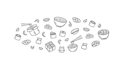 Asian food set doodle style. Vector illustration of Japanese Chinese Taiwanese cuisine menu for restaurants.