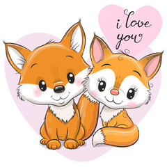 Cute Cartoon Foxes on a background of heart