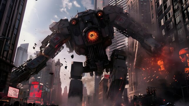 Rampage of the Titans: Giant Robot Unleashes Chaos in New York City - Hand Edited Generative AI - Powered by Adobe