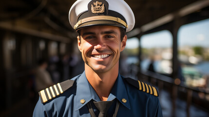 portrait of smiling navy crewman on boat on a sunny day