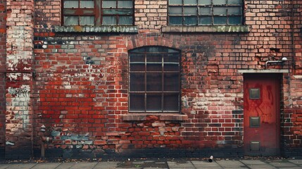 Fototapeta premium The background is a dark red brick wall with a window