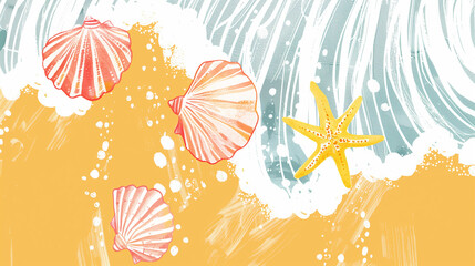 Fototapeta na wymiar Cartoon beach sea shells overlay wallpaper, light happy summer vacation vibe for promo card poster banner decoration