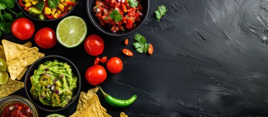 Top-down view of a black table with a Latin American Mexican food spread including guacamole,...