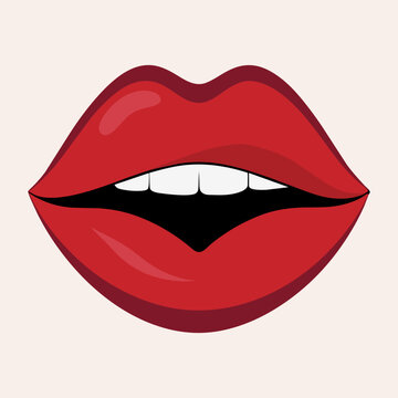 Sensual lips in red lipstick icon. Open mouth with healthy teeth, white smile. Vector simple logo isolated on white background.