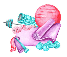 Fitness workout watercolor illustration. Gym. Sports and fitness. Yoga, stretching, strength training. Fitness mat, fitball, massage roller, fitness elastic bands, dumbbells, measuring tape, barbell. 