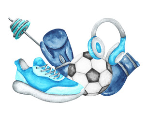 Blue men's sport watercolor illustration. Gym. Football. Sports and fitness. Barbell, sneakers, boxing gloves, soccer ball, headphones. Illustrations isolated. For printing on cards, stickers, posters