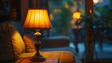 Craft a visually appealing scene of a room enhanced by the warm glow of a lamp