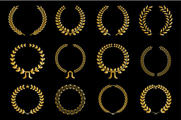 elegant golden laurel wreath collection, floral vector ornaments on black background.