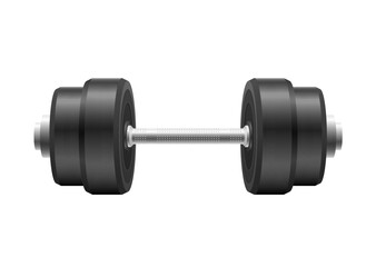 Emblems of steel barbells for bodybuilding and fitness. Metal 3d black dumbell isolated on white background. Vector vintage set icons of barbells, dumbbell. Vector illustration