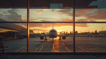 A large airplane is parked at an airport, with a view of the tarmac