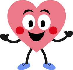 Groovy happy pink heart character. Funny mascot isolated on transparent background.