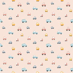 Cute Cars Seamless Pattern, Childish Cartoon background, vector Illustration