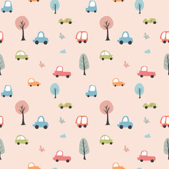 Cute Cars Seamless Pattern, Childish Cartoon background, vector Illustration