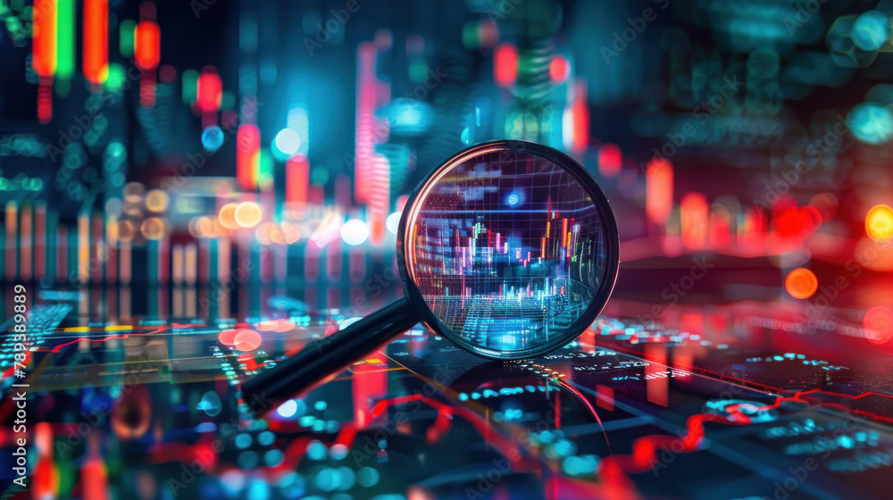 Wall mural magnifying glass over a stock market graph. stock charts and data on a digital screen in the foregro - Wall murals
