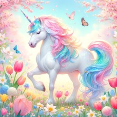 A majestic unicorn with a flowing rainbow mane and tail stands in a field of spring flowers. Magical and beautiful fantasy illustration of a mythical creature in a serene natural setting.