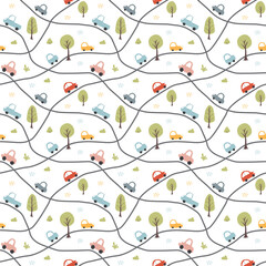 Cute Cars Seamless Pattern, Childish Cartoon background, vector Illustration