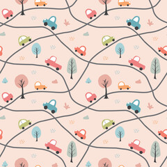 Cute Cars Seamless Pattern, Childish Cartoon background, vector Illustration