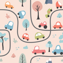 Cute Cars Seamless Pattern, Childish Cartoon background, vector Illustration