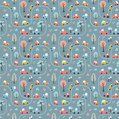 Cute Cars Seamless Pattern, Childish Cartoon background, vector Illustration