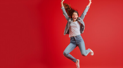 Joyful Young Woman Jumping Against Vibrant Red Background