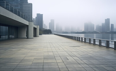 Fototapeta premium Foggy City Waterfront Promenade Serenity