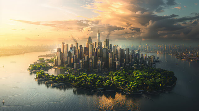 3D Rendering of futuristic city. Maximalist landscape isolated island with high tech city. AI Generative. 
