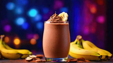 Chocolate banana smoothie in glass, cinematic food photography, ad promo style, neon glowing lights in background 