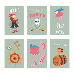 Cute Pirate cards set. Cartoon sea adventures cards collection. Vector illustration