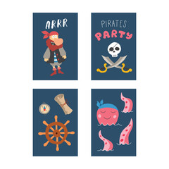 Cute Pirate cards set. Cartoon sea adventures cards collection. Vector illustration