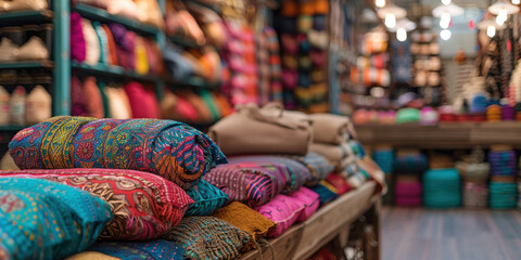Colorful Scarves Display in a Clothing Store with Woman Standing in Front of Shelf