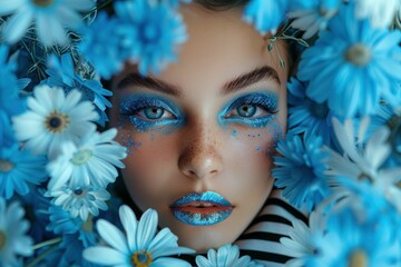 Woman with blue makeup and flowers in front of black and white striped background, artistic beauty portrait