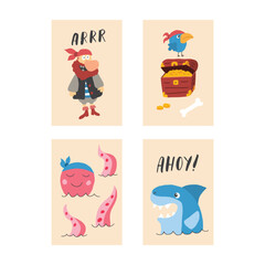 Fototapeta premium Cute Pirate cards set. Cartoon sea adventures cards collection. Vector illustration