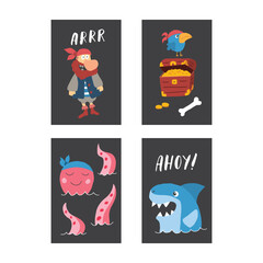 Cute Pirate cards set. Cartoon sea adventures cards collection. Vector illustration