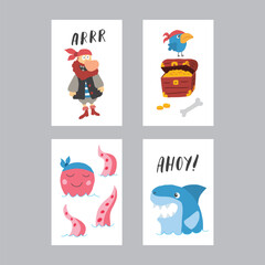 Cute Pirate cards set. Cartoon sea adventures cards collection. Vector illustration
