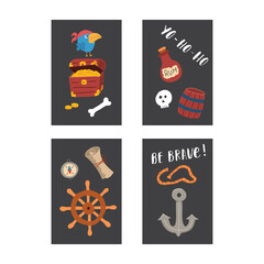 Cute Pirate cards set. Cartoon sea adventures cards collection. Vector illustration