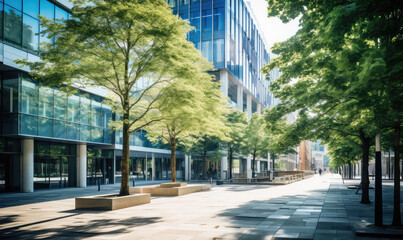 Modern Cityscape with Lush Green Trees