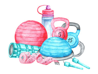 Sports equipment watercolor illustration. Gym. Fitness and sports. Fitball, massage roller, weights, jump rope, fitness bottle, measuring tape. Illustrations isolated. For printing on cards, stickers