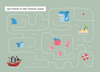 Labyrinth, Maze game for children. Logical puzzle for kids. Quest to find the right path for a Pirate Ship to treasure island. Vector illustration A4 - ready to print format
