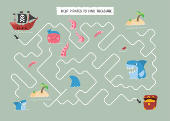 Labyrinth, Maze game for children. Logical puzzle for kids. Quest to find the right path for a Pirate Ship to treasure. Vector illustration A4 - ready to print format