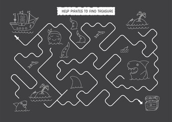 Labyrinth, Maze game for children. Logical puzzle for kids. Quest to find the right path for a Pirate Ship to treasure. Vector illustration A4 - ready to print format