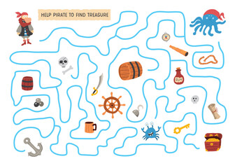 Obraz premium Labyrinth, Maze game for children. Logical puzzle for kids. Quest to find the right path for a Pirate to treasure. Vector illustration A4 - ready to print format
